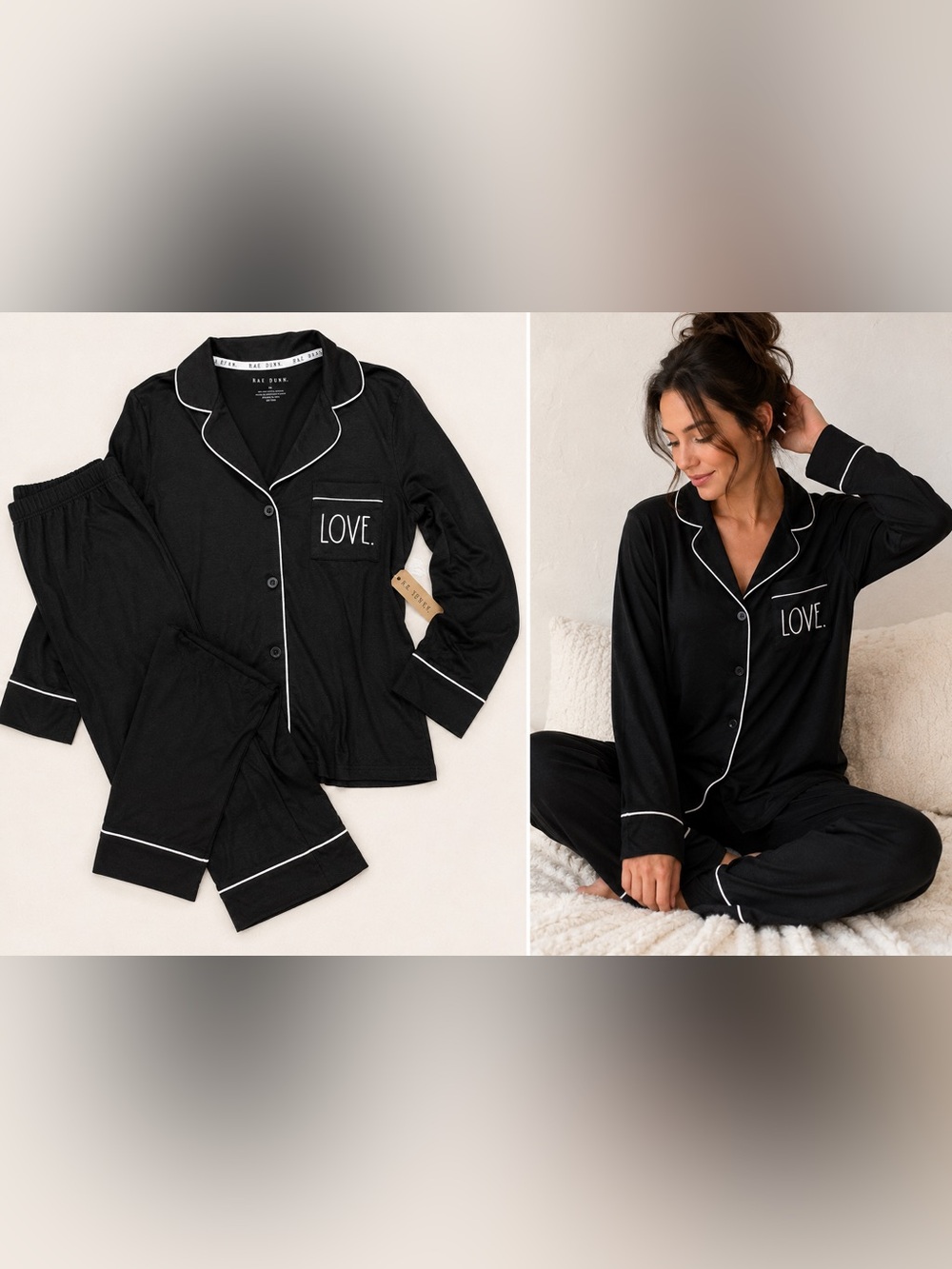Rae Dunn LOVE Black Pajama Set Medium NWT Soft Lounge Sleepwear Button Front